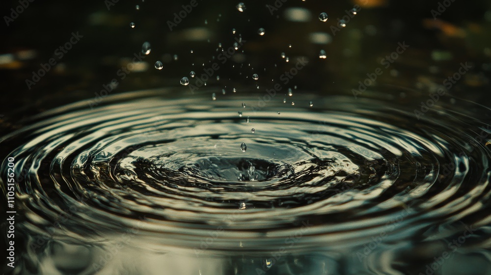 1.Close-up view of water droplets falling onto a calm water surface, creating concentric ripples that spread outward in perfect circles. The droplets are frozen in mid-air, with reflections 1.Close-up view of water droplets falling onto a calm water surface, creating concentric ripples that spread outward in perfect circles. The droplets are frozen in mid-air, with reflections