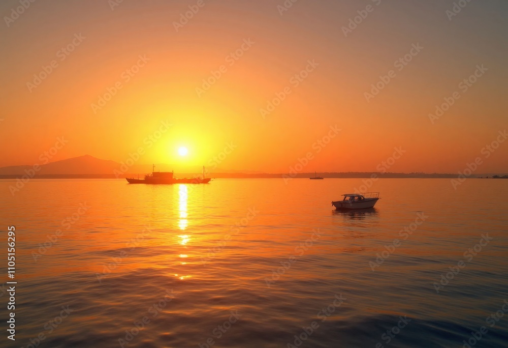 Golden Sunrise over Calm Sea with Boats Golden Sunrise over Calm Sea with Boats