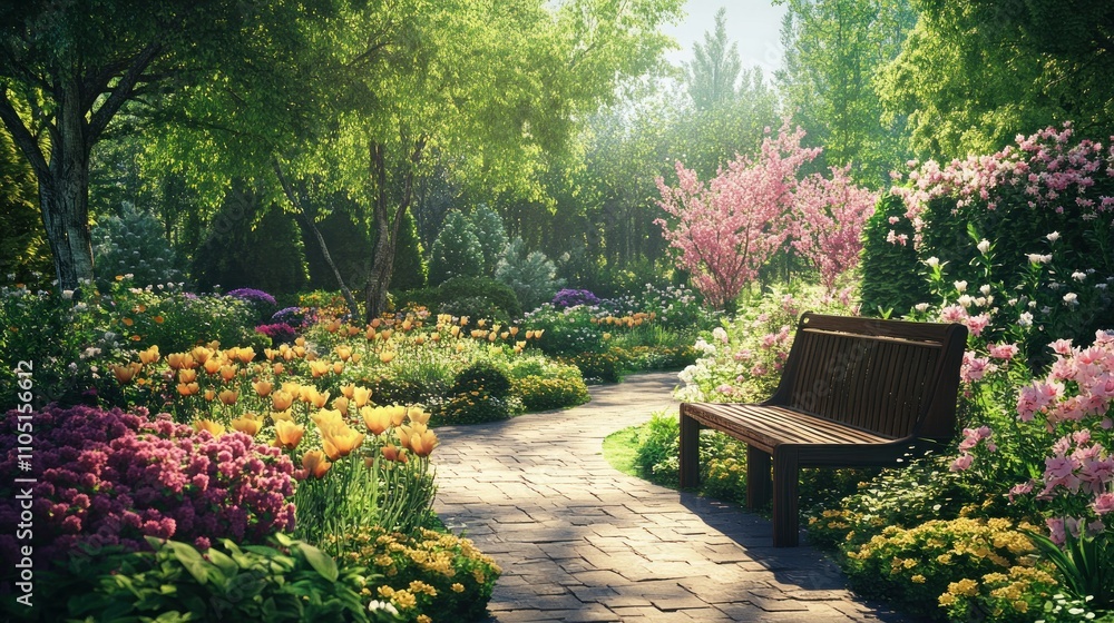 Obraz premium Serene garden path with vibrant flowers and a wooden bench.