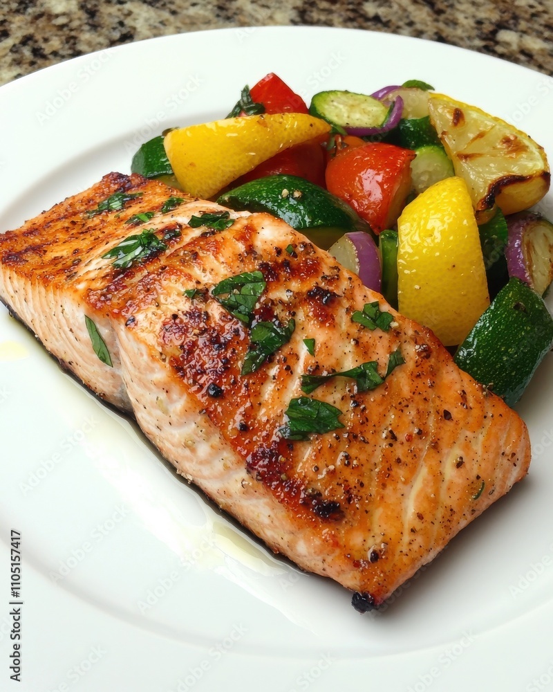 Grilled salmon fillet served with colorful sauteed vegetables on a white plate, showcasing a healthy and appetizing meal. Grilled salmon fillet served with colorful sauteed vegetables on a white plate, showcasing a healthy and appetizing meal.