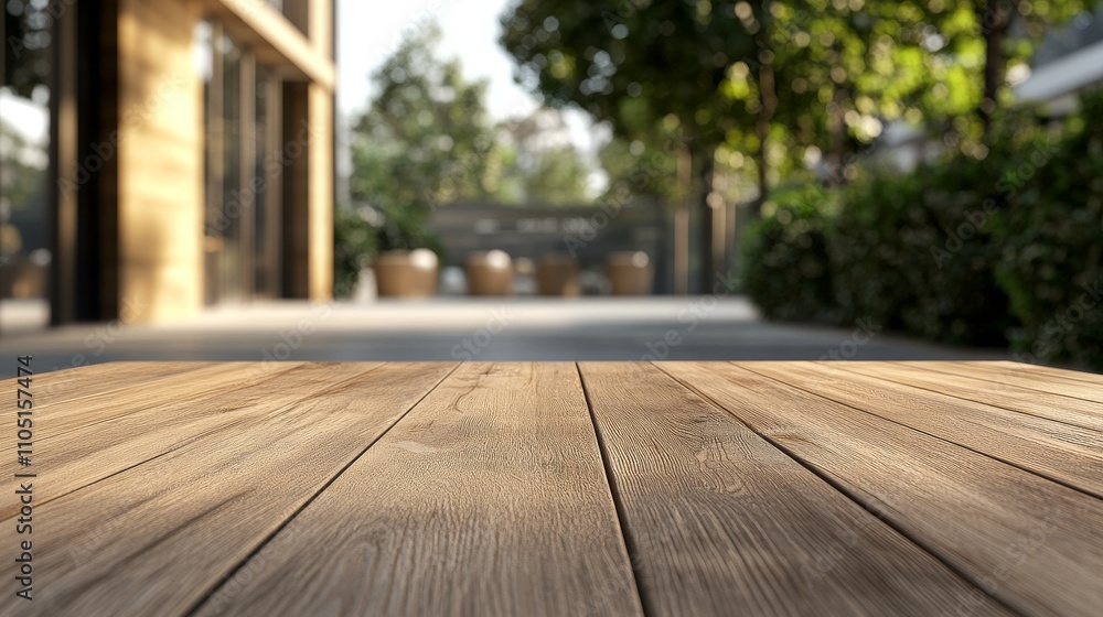 16.Empty wooden table in the foreground, with a blurred view of a modern outdoor café in the background. The warm wood grain of the table contrasts with the soft lighting and natural elements of the 16.Empty wooden table in the foreground, with a blurred view of a modern outdoor café in the background. The warm wood grain of the table contrasts with the soft lighting and natural elements of the