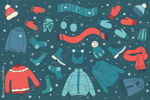 Winter clothes in doodle style. Line icons of warm clothes. Blue background with white snowflakes. Vector illustration. Vector 