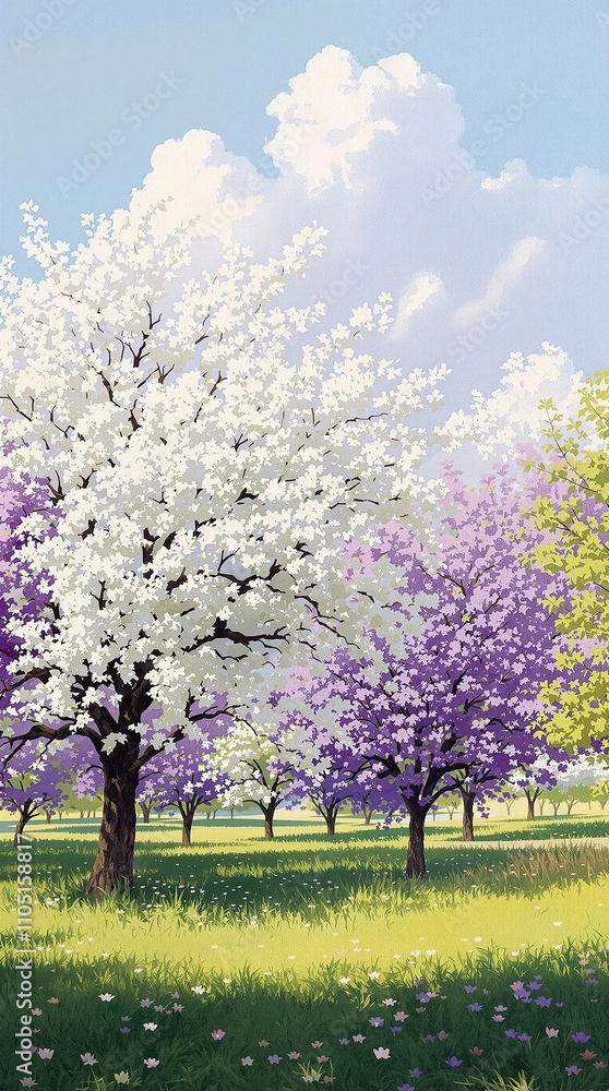 Acrylic on canvas painting of white and purple trees in spring, serene, tranquil, trees Acrylic on canvas painting of white and purple trees in spring, serene, tranquil, trees