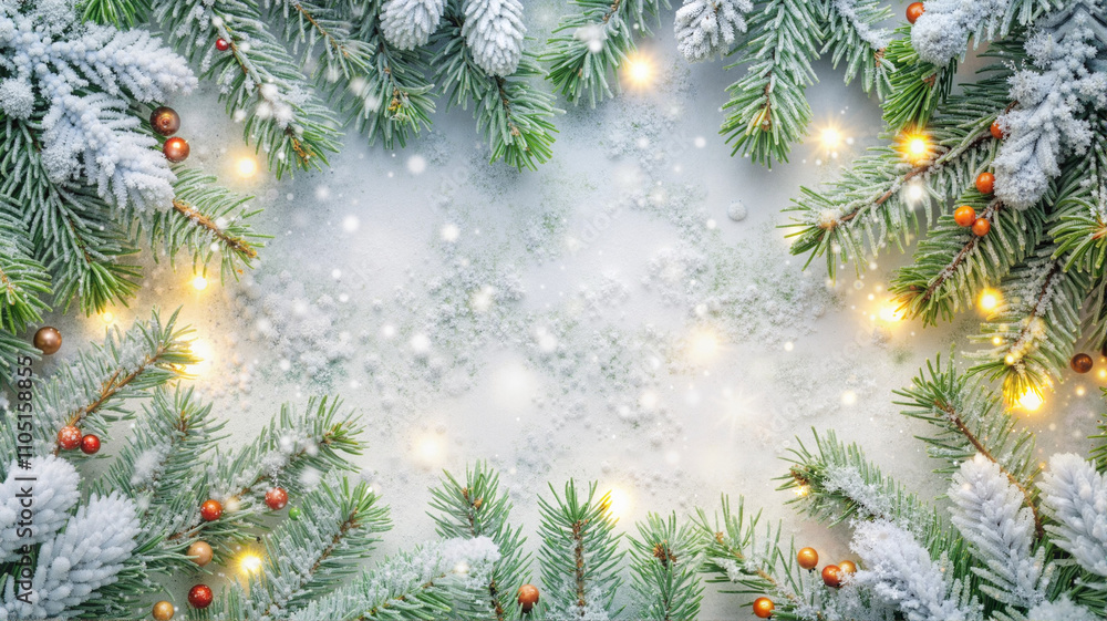 Snowy pine garland with bright holiday lights Snowy pine garland with bright holiday lights