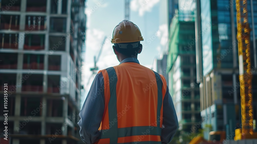Back view of professional engineer manager standing focused wearing building hat. building construction industry background construction engineer concept observing workers Back view of professional engineer manager standing focused wearing building hat. building construction industry background construction engineer concept observing workers