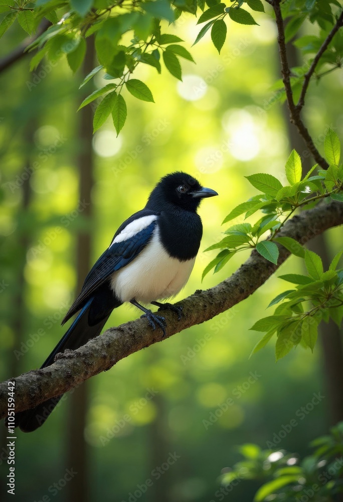 Magpie on Branch, Green Forest Background. Magpie on Branch, Green Forest Background.