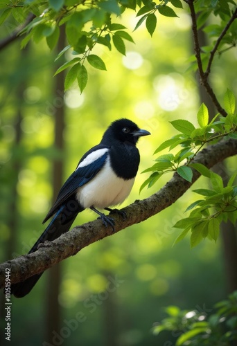 Magpie on Branch, Green Forest Background.