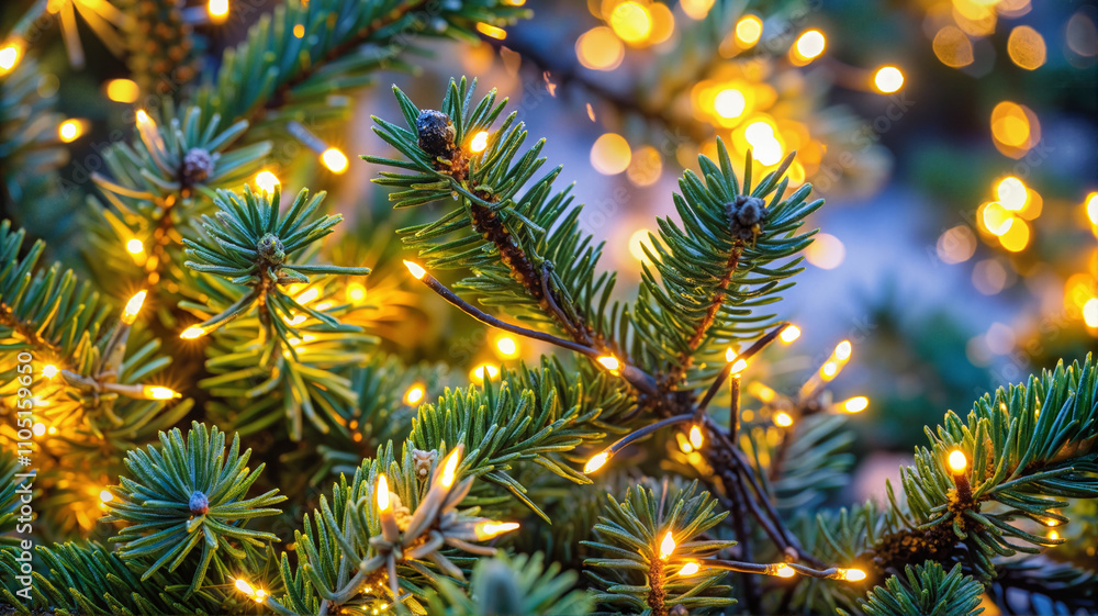 Vibrant green pine branches lit with warm holiday lights Vibrant green pine branches lit with warm holiday lights