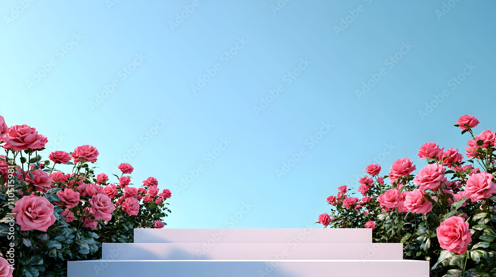 White tiered display framed by pink roses against a blue sky White tiered display framed by pink roses against a blue sky