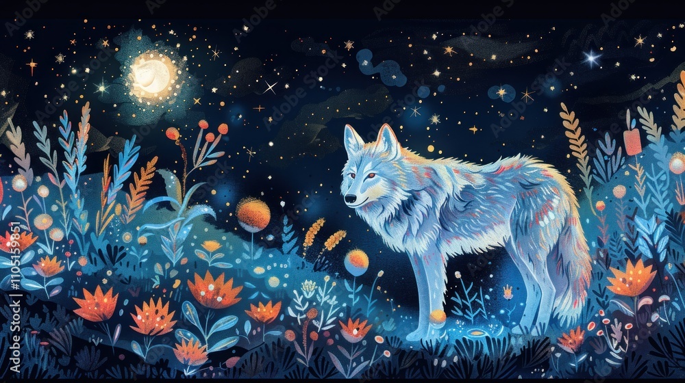Ethereal wolf in a moonlit, floral landscape. Ethereal wolf in a moonlit, floral landscape.