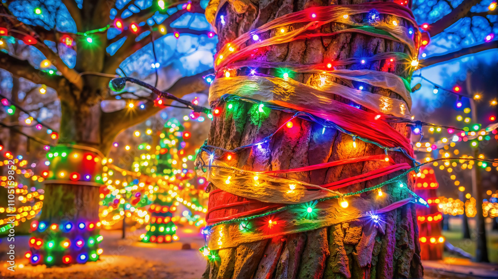 Wrapped tree trunks lit with colorful Christmas lights Wrapped tree trunks lit with colorful Christmas lights