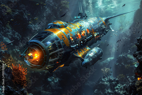 Beautiful large bathyscaphe floating in middle of ocean during exploration photo