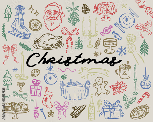 Beautiful hand drawn big collection of whimsical style vector Christmas illustrations
