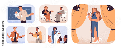 Speakers perform on stage set. People public speaking with microphone. Performers with speech at conference, presentation. Politician talks from tribune. Flat isolated vector illustrations on white