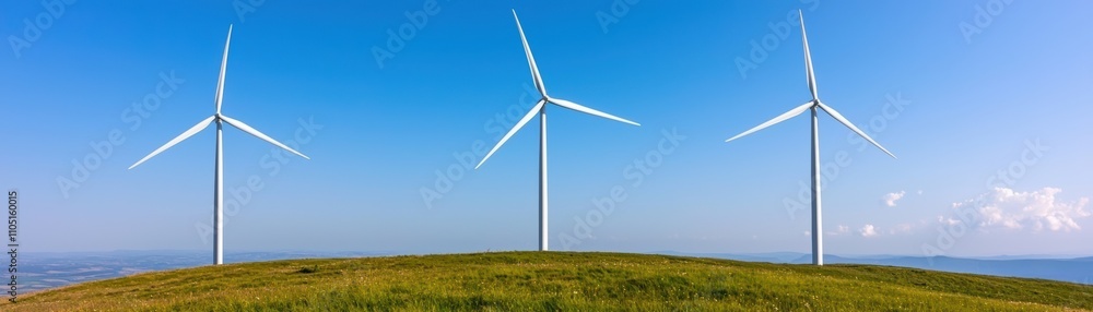 Wind turbines in motion on a vibrant hillside, generating energy during peak wind hours, clean and green concept Wind turbines in motion on a vibrant hillside, generating energy during peak wind hours, clean and green concept