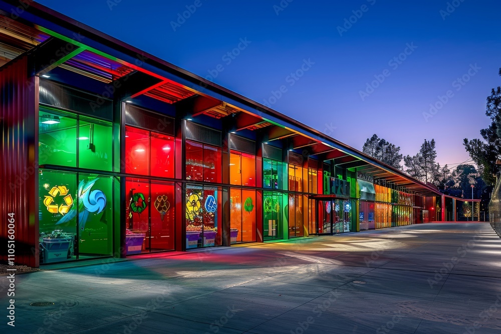 Night view of a recycling facility illuminated by energy-efficient lighting, with bright, colorful LED signs highlighting different recycling zones Night view of a recycling facility illuminated by energy-efficient lighting, with bright, colorful LED signs highlighting different recycling zones