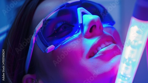 Dental beautician, a woman undergoing teeth whitening treatment in dentist practice using blue laser light and glasses for close-up zoom view with color scale showing. photo