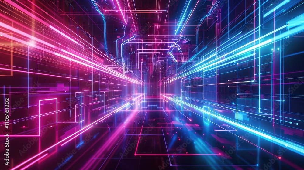 Fototapeta premium Abstract digital neon technology banner with high quality photograph on dark backdrop.