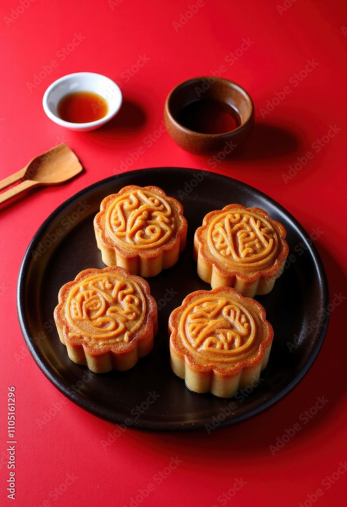 Mooncakes on Black Plate, Red Background. Mooncakes on Black Plate, Red Background.