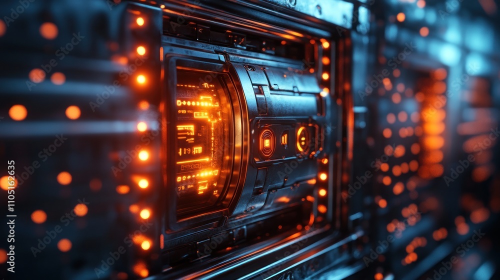 Close-up of glowing futuristic server rack with orange lights. Close-up of glowing futuristic server rack with orange lights.