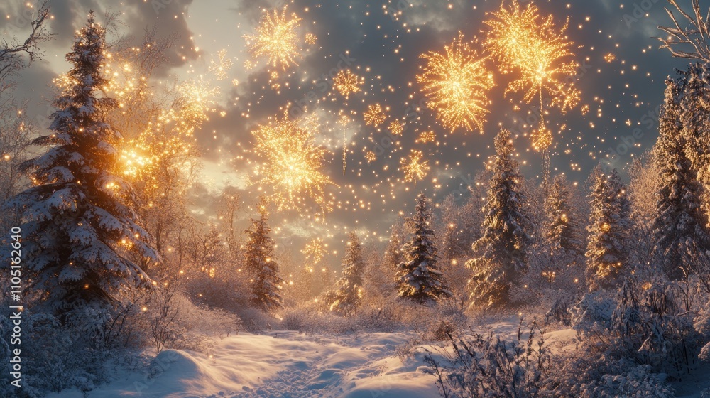 Golden fireworks over a snowy forest, creating a serene and magical atmosphere, Golden fireworks over a snowy forest, creating a serene and magical atmosphere,