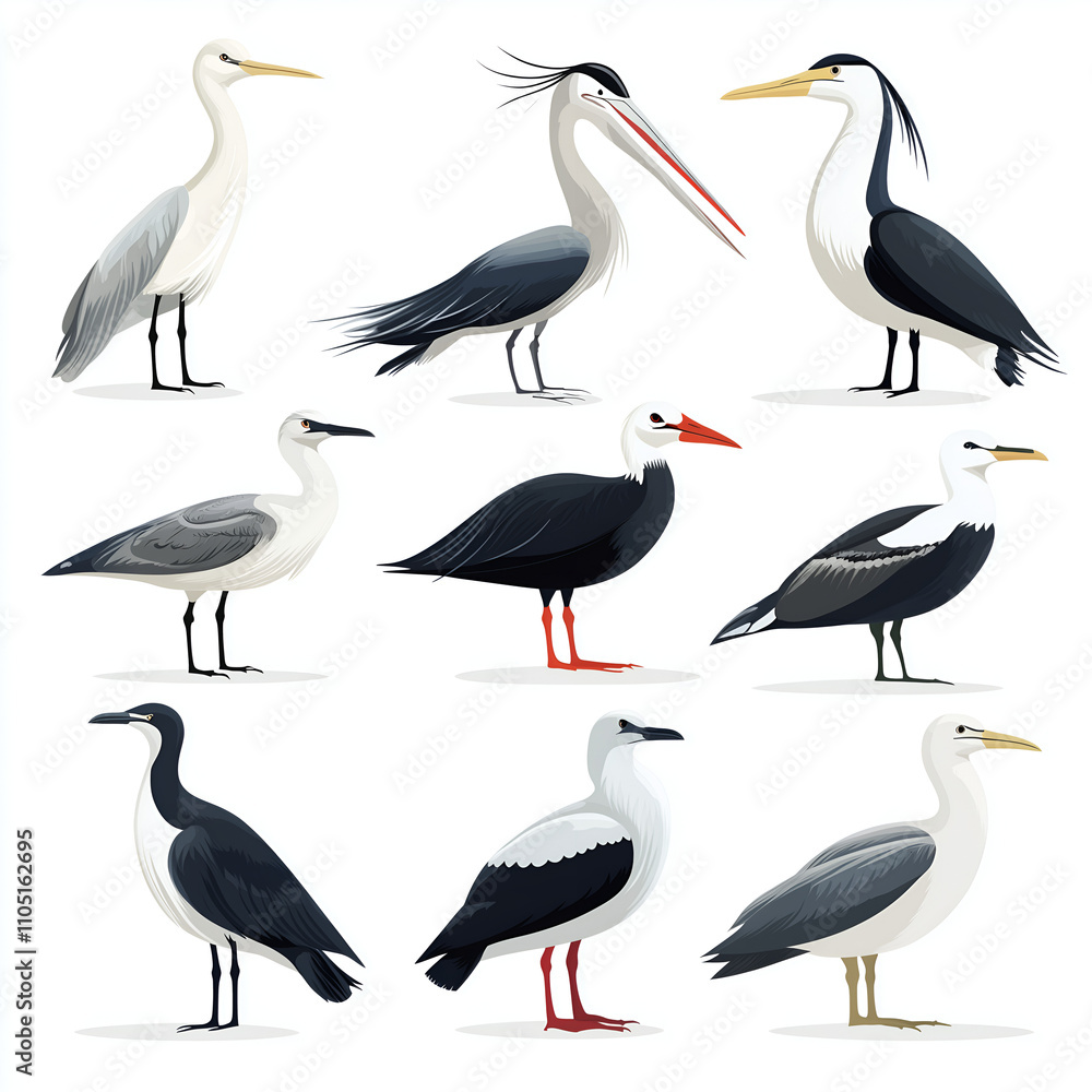 Fototapeta premium birds, featuring a flat design on a white background. 
