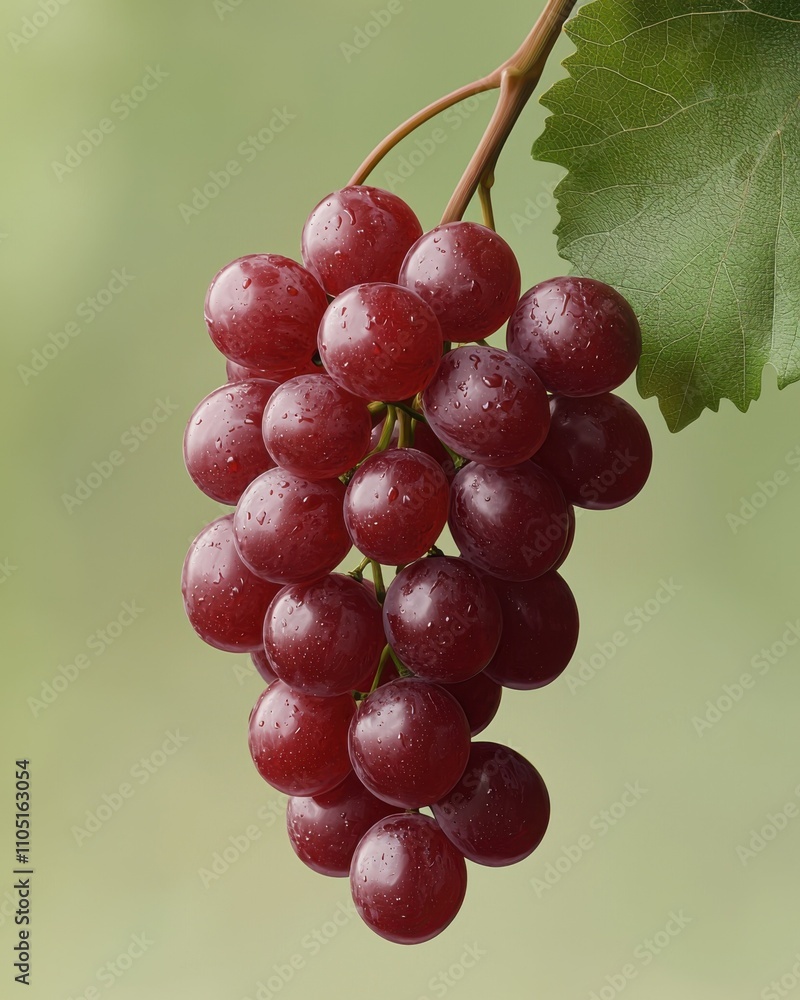 Fototapeta premium A cluster of glistening red grapes hangs from a green leafy vine, showcasing their fresh, juicy appeal.