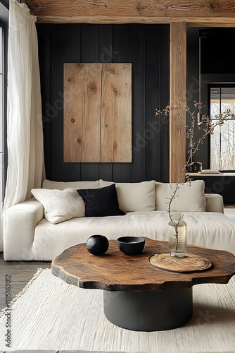 Farmhouse, country style home interior design of modern living room. Rustic style living area with beige sofa, black wall paneling, and organic wood artwork for a warm, natural ambiance.