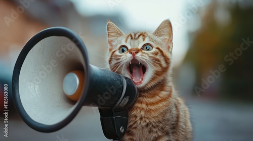 Lustige Katze brÃ¼llt ins Megafon: Witzige Werbung fÃ¼r Aktionen. Niedlicher Fellfreund als aufmerksamkeitsstarker Promoter. Virales Marketing-Potenzial