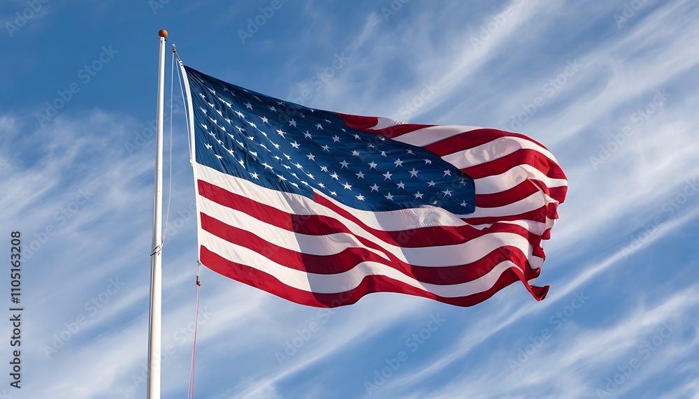 Obraz premium US flag proudly flying against a blue sky and white clouds