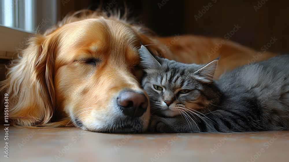 A cat and a dog are laying on the floor together. The dog is looking at the camera and the cat is looking away A cat and a dog are laying on the floor together. The dog is looking at the camera and the cat is looking away