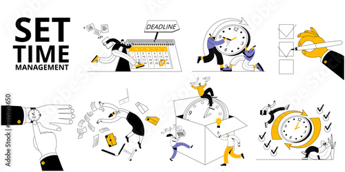 A group of characters is fussing around the clock, trying to get somewhere in time. A set of vector illustrations on the topic of time management and working time estimation.