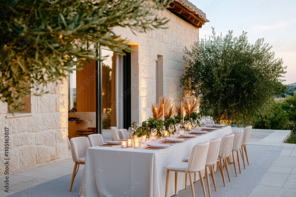 Obraz premium Elegant dining room setup featuring greenery and linen chairs for a sophisticated atmosphere.