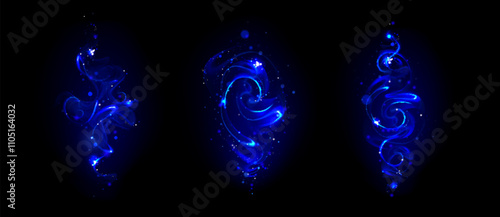 Magic wand effects set isolated on black background. Vector realistic illustration of neon blue light trails, sparkling fairytale swirls with glowing glitter particles, fantasy spell energy vortex