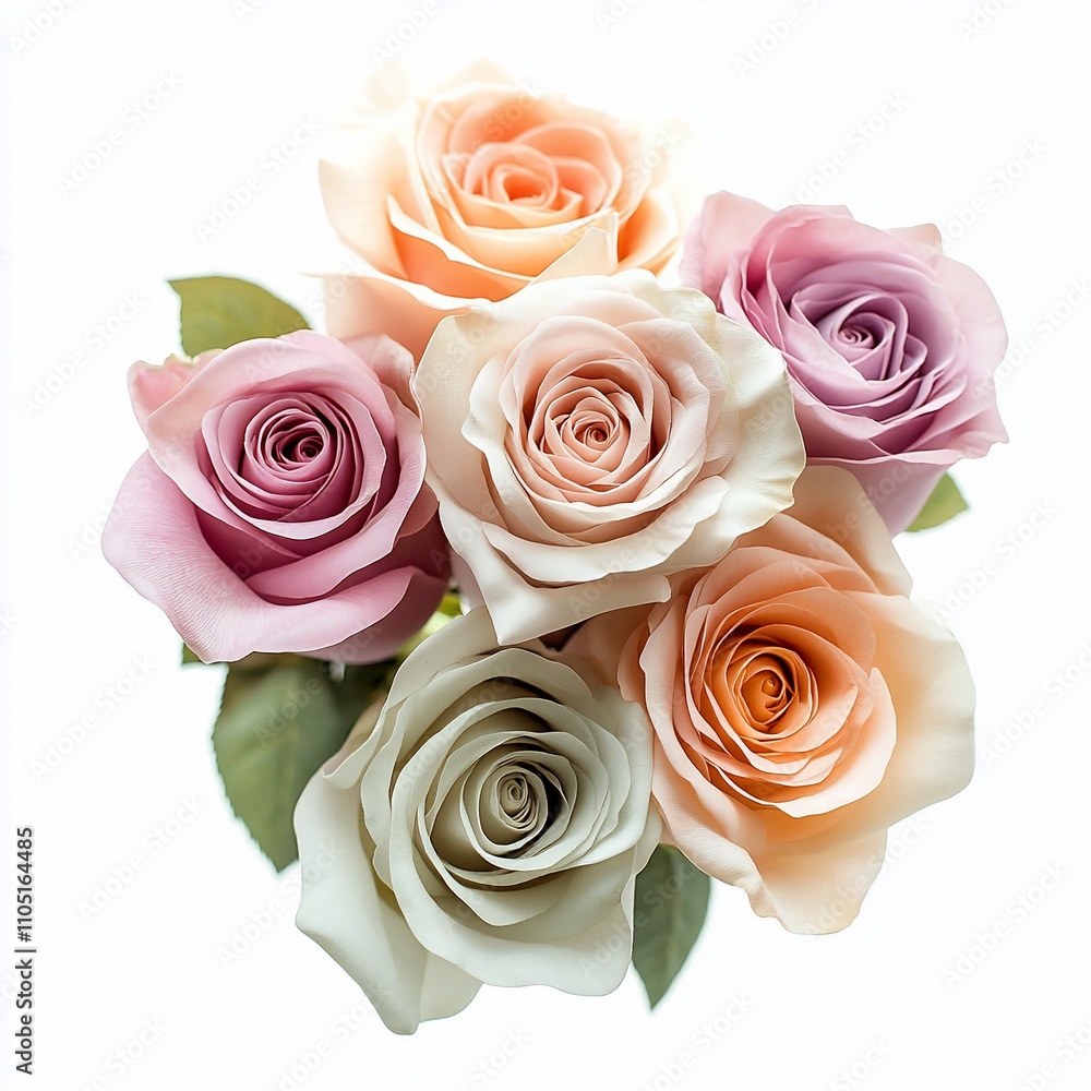 A bouquet of five pastel colored roses in various shades of peach, pink, and cream, arranged in a tight cluster, against a plain white background. A bouquet of five pastel colored roses in various shades of peach, pink, and cream, arranged in a tight cluster, against a plain white background.