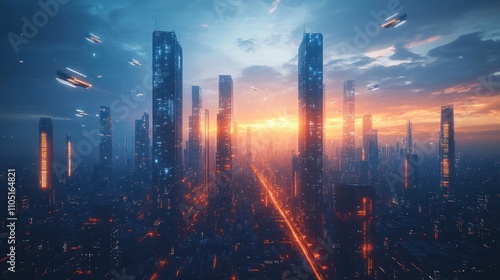 Futuristic cityscape at sunset with flying vehicles.