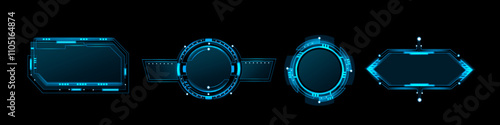 Futuristic blue frames with neon glowing tech elements on black backdrop. Various geometric shapes - circular, rectangular, hexagonal game borders. Realistic sci fi hud interface design overlay.
