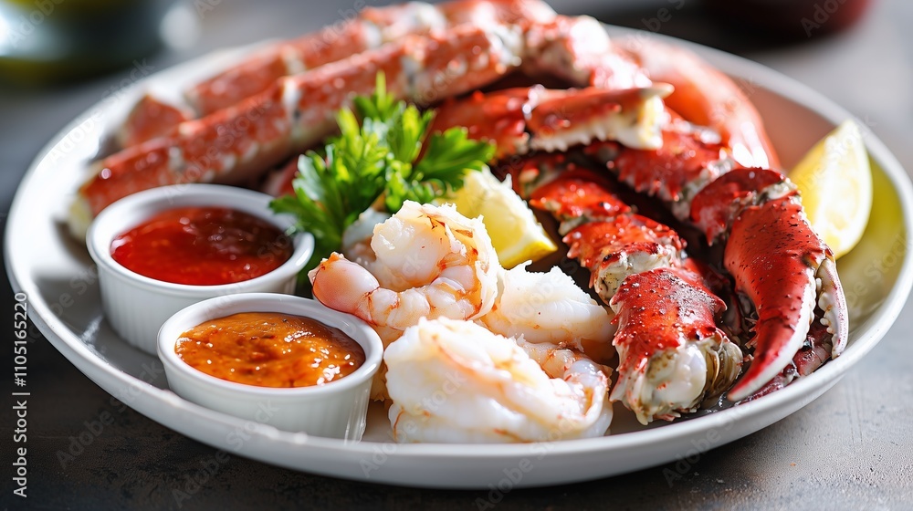 Crab legs, shrimp, and sauces on a white plate. Crab legs, shrimp, and sauces on a white plate.