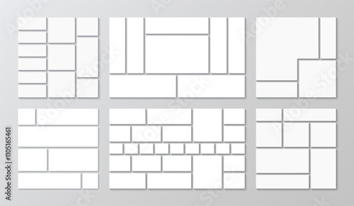Photo collage layout. Moodboard pictures grid. Mood board frame set. Collection of mosaic templates. Portfolio images isolated on gray background. Album brandboard. Vector illustration