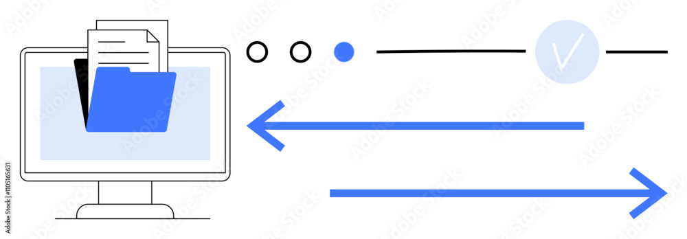 Computer monitor with folder and documents, two horizontal blue arrows pointing in opposite directions, progress indicators. Ideal for data transfer, file sharing, office tasks, document management Computer monitor with folder and documents, two horizontal blue arrows pointing in opposite directions, progress indicators. Ideal for data transfer, file sharing, office tasks, document management
