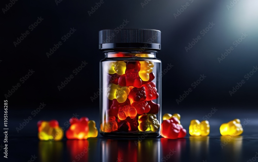 A high-resolution photograph of a black-labeled bottle filled with gummy bears, isolated on a dark backdrop, ideal for a product design template. A high-resolution photograph of a black-labeled bottle filled with gummy bears, isolated on a dark backdrop, ideal for a product design template.