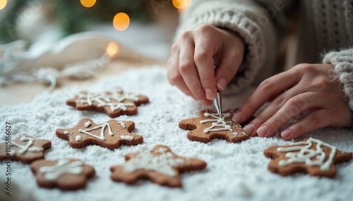 Baker icing ginger cookies shaped like Christmas trees photo