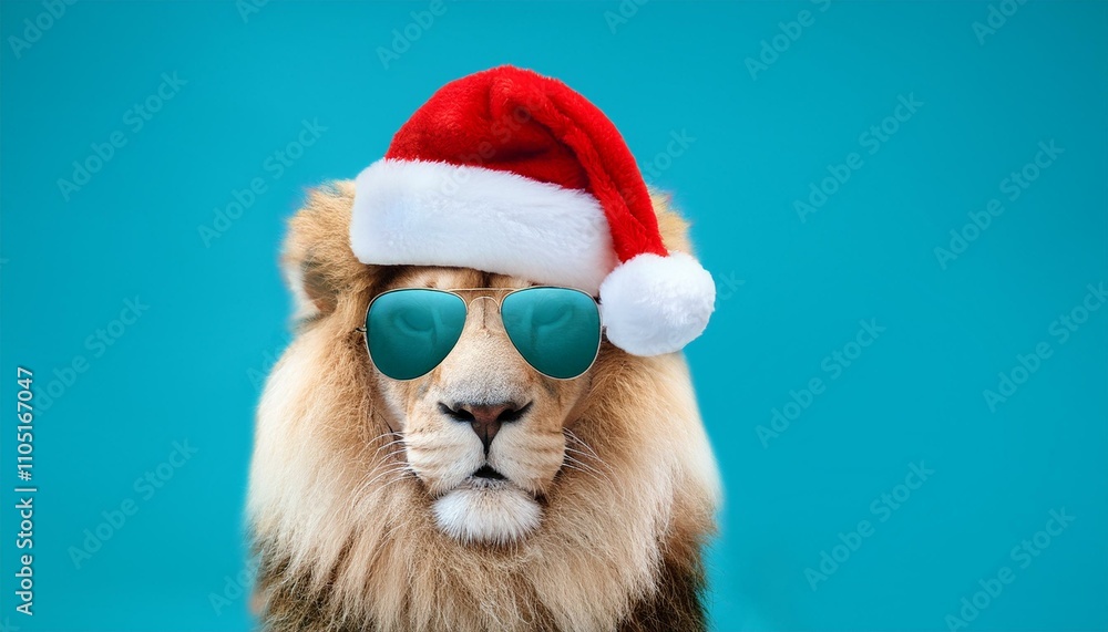 In the summer of winter, winter is a winter holiday with cool messages - lion, Weihnachtmann Nikolausmütze, Sonnenbrille und roter Nase, isoliert auf türkisem hintergrund.copy text space In the summer of winter, winter is a winter holiday with cool messages - lion, Weihnachtmann Nikolausmütze, Sonnenbrille und roter Nase, isoliert auf türkisem hintergrund.copy text space