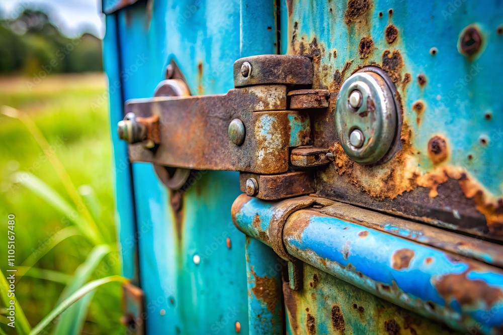 Abandoned Blue Car Door Hinge with Rusted Nuts: A Close-Up Product Photography Focusing on Weathered Metal, Showcasing the Effects of Time and Nature on Automotive Components