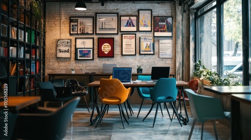 Modern co-working space with colorful chairs, laptops, and framed artwork on a brick wall.