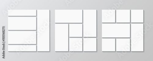 Mosaic pictures frame. Gallery banner template. Album brandboard grid collection. Photo collage set. Moodboard layout. Portfolio images. Abstract forms. Retro background. Vector illustration