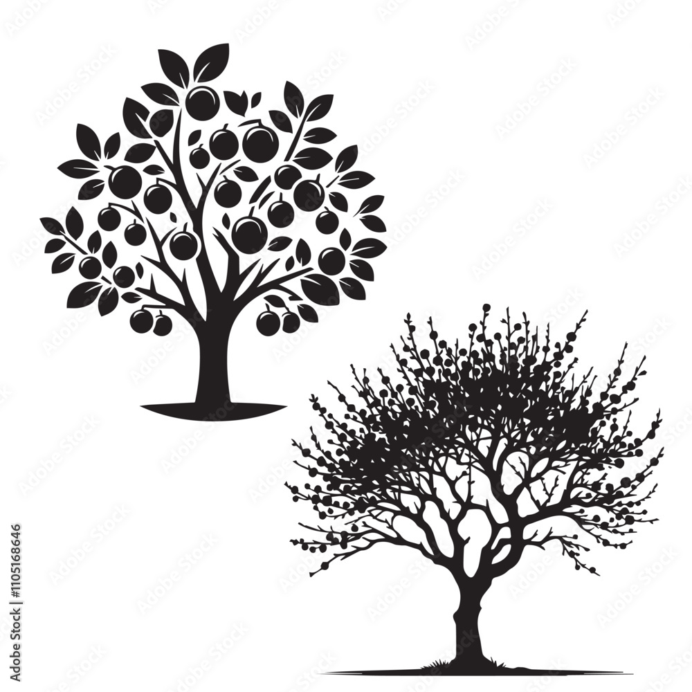 Plum tree silhouette set - vector image of plum tree - nature tree - fruit tree - plum tree with fruit Plum tree silhouette set - vector image of plum tree - nature tree - fruit tree - plum tree with fruit