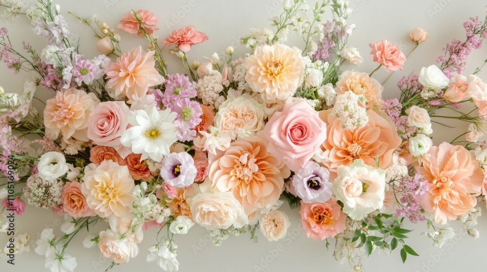 A beautiful arrangement of peach, pink, and white flowers on a white background.