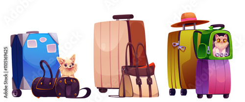 Pet travel baggage set isolated on white background. Vector cartoon illustration of cute dog in bag, funny cat in backpack, trip luggage and big suitcases, animal transportation, tourism accessories