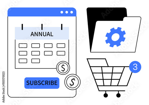 Calendar marked annual, subscribe button, payment icons, shopping cart with notifications, and settings folder. Ideal for e-commerce, subscriptions, digital products, online services payment